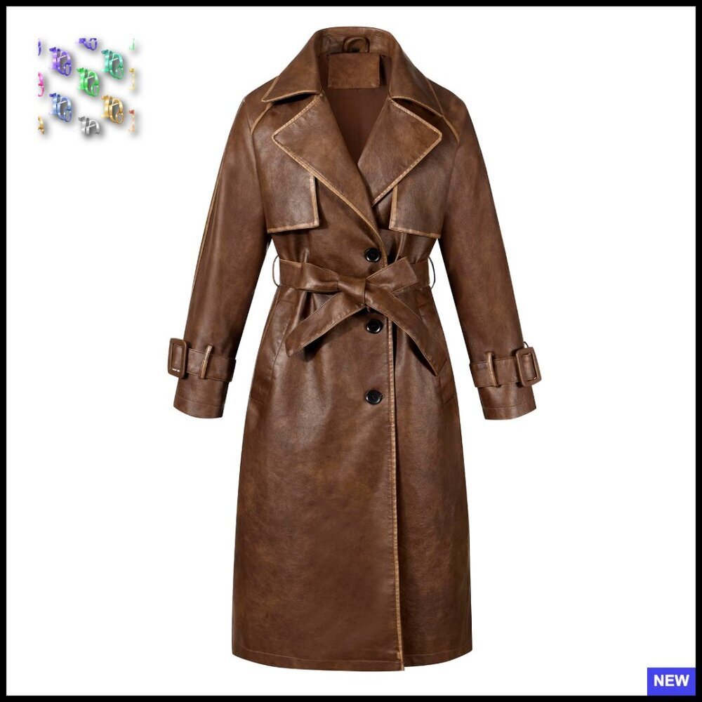 Oversized Faux Leather Trench Coat Classic Lapel Belted Chic Outerwear